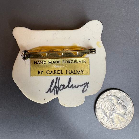 Carol Halmy Tiger Brooch Handmade Porcelain Tiger Brooch Pin 2" - Picture 2 of 3
